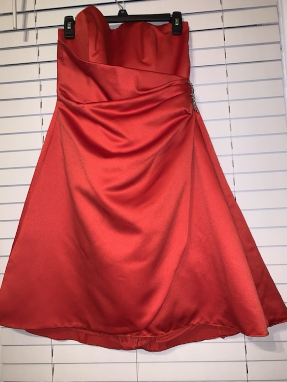 David's Bridal Red Strapless Satin A-Line Dress with Side Detail